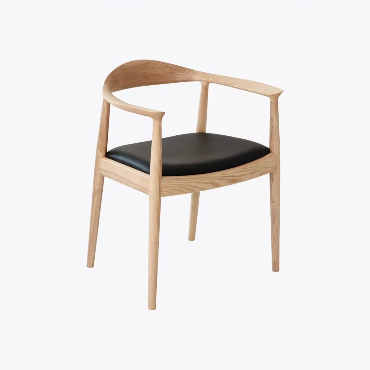 A modern wooden chair with a curved backrest and armrests, light wood finish, and a black upholstered seat, shown against a plain white background.