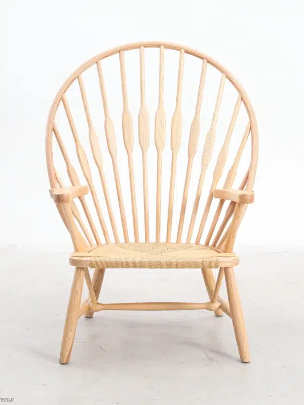 Paper rope Peacock Chair in natural ash by Hans Wegner, front facing view.