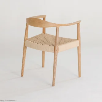 Paper Rope Round Chair in natural ash by Hans Wegner, back right facing view.