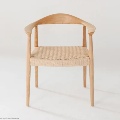 Paper Rope Round Chair in natural ash by Hans Wegner, front facing view.