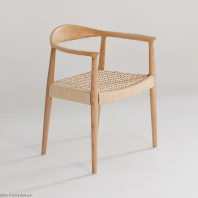 Paper Rope Round Chair in natural ash by Hans Wegner, front right facing view.