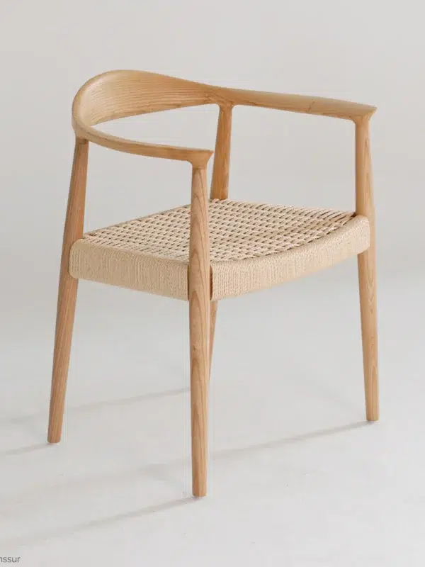 Paper Rope Round Chair in natural ash by Hans Wegner, front right facing view.