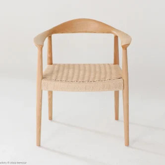 Paper Rope Round Chair in natural ash by Hans Wegner, front facing view.