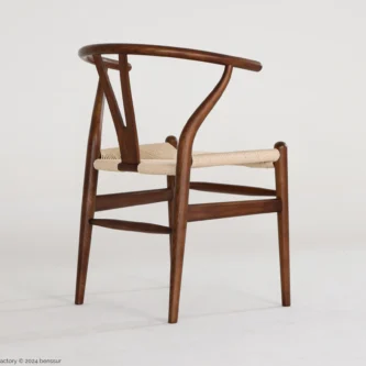 Paper Rope Wishbone Chair in dark brown ash by Hans Wegner, right back facing view.