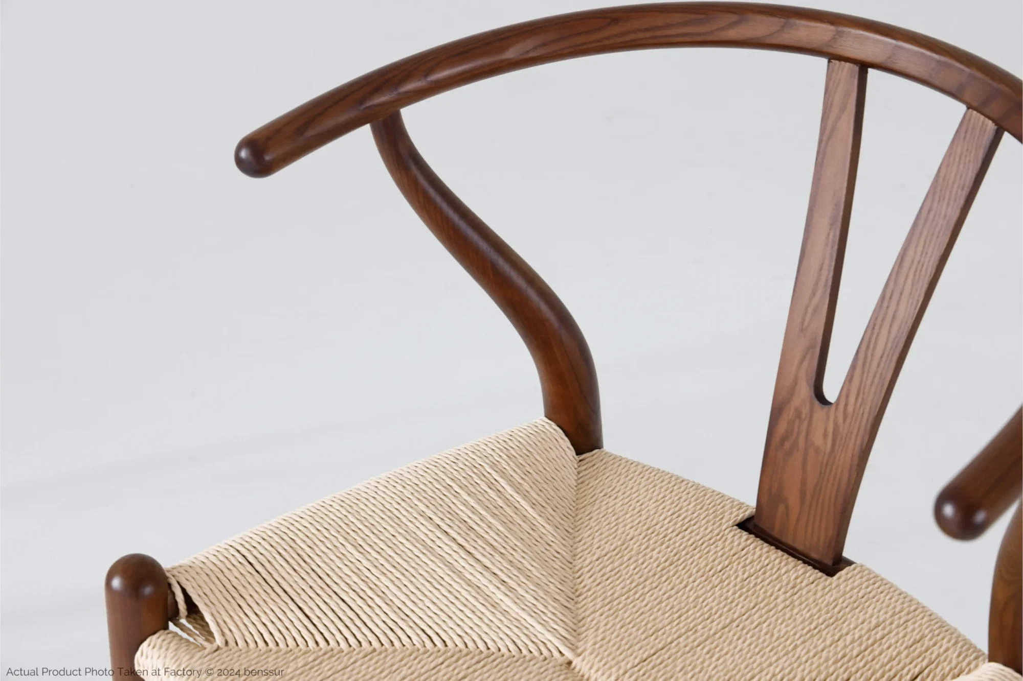 Hans Wegner_Wishbone Chair_Replica_Paper Rope_Dark Brown_Ash_Detail_1 Detail of Paper Rope Wishbone Chair in dark brown ash by Hans Wegner.