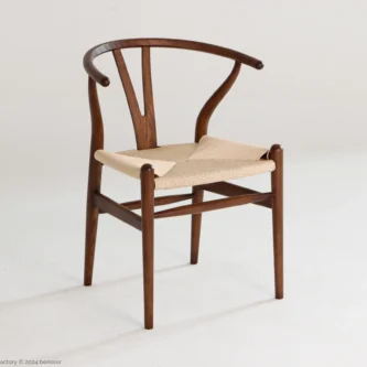 Paper Rope Wishbone Chair in dark brown ash by Hans Wegner, front right facing view.