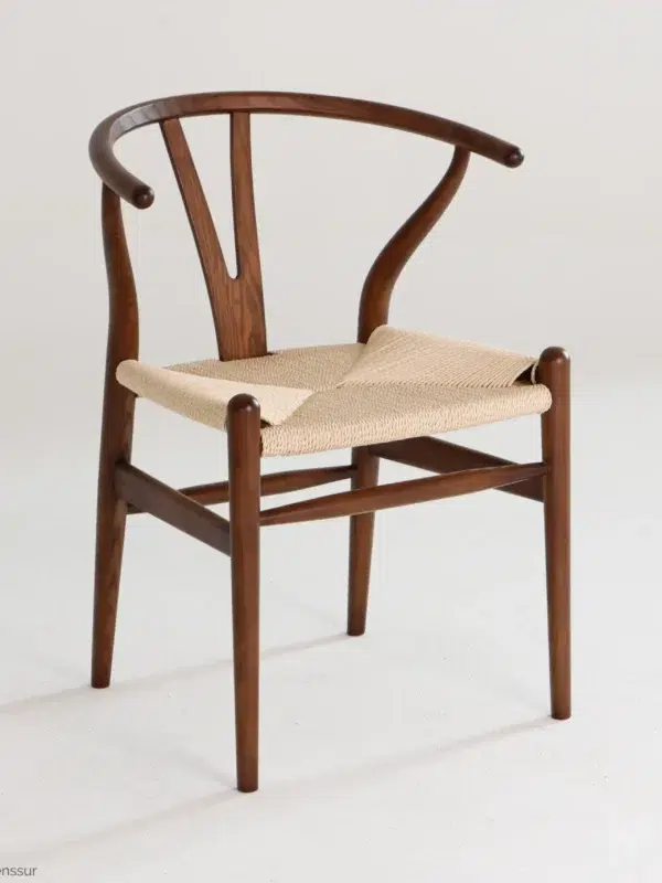 Paper Rope Wishbone Chair in dark brown ash by Hans Wegner, front right facing view.