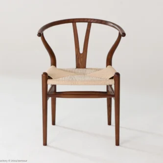 Paper Rope Wishbone Chair in dark brown ash by Hans Wegner, front facing view.