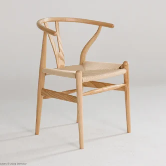 Paper Rope Wishbone Chair in natural ash by Hans Wegner, front right view.