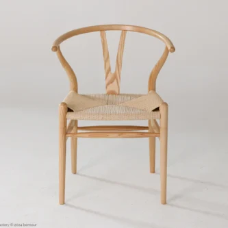 Paper Rope Wishbone Chair in natural ash by Hans Wegner, front facing view.