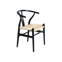 A modern wooden chair with a black curved backrest and legs, featuring a woven natural seat, set against a white background.