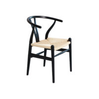 A modern wooden chair with a black curved backrest and legs, featuring a woven natural seat, set against a white background.