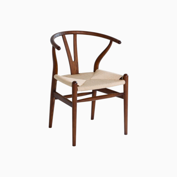 A wooden dining chair with a curved backrest, Y-shaped support, and a woven natural fibre seat, set against a plain white background.