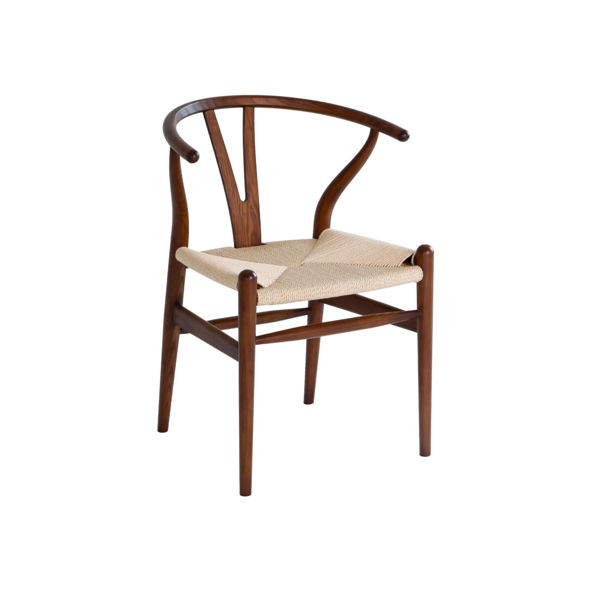 Wishbone Chair_Dark_White Background A wooden chair with a curved backrest and a woven seat, featuring minimalist and modern design, photographed against a white background.