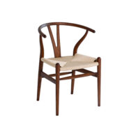 A wooden chair with a curved backrest and a woven seat, featuring minimalist and modern design, photographed against a white background.