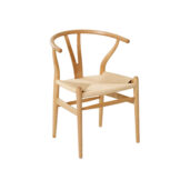 A light wooden chair with a curved backrest and a woven seat, featuring an elegant minimalist design with smooth lines and natural finish, set against a plain white background.