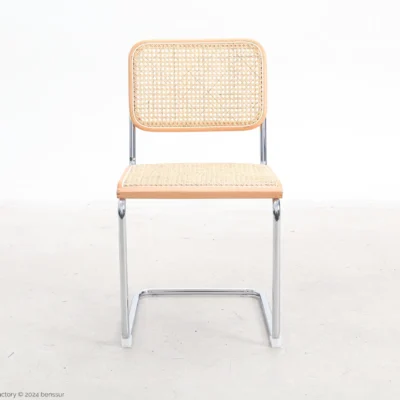 Woven caning B32 Cesca Chair in natural beech by Marcel Breuer, front facing view.