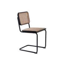 A modern chair with a black metal cantilever frame, a woven cane seat, and a matching cane backrest. The design is minimalist and has a retro, mid-century modern style.