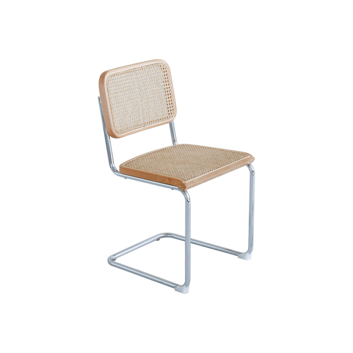 White Background_woven_White Background(2) A modern chair with a chrome cantilever frame, light wood accents, and a woven cane seat and backrest, set against a plain white background.