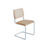 A modern chair with a chrome cantilever frame, light wood accents, and a woven cane seat and backrest, set against a plain white background.
