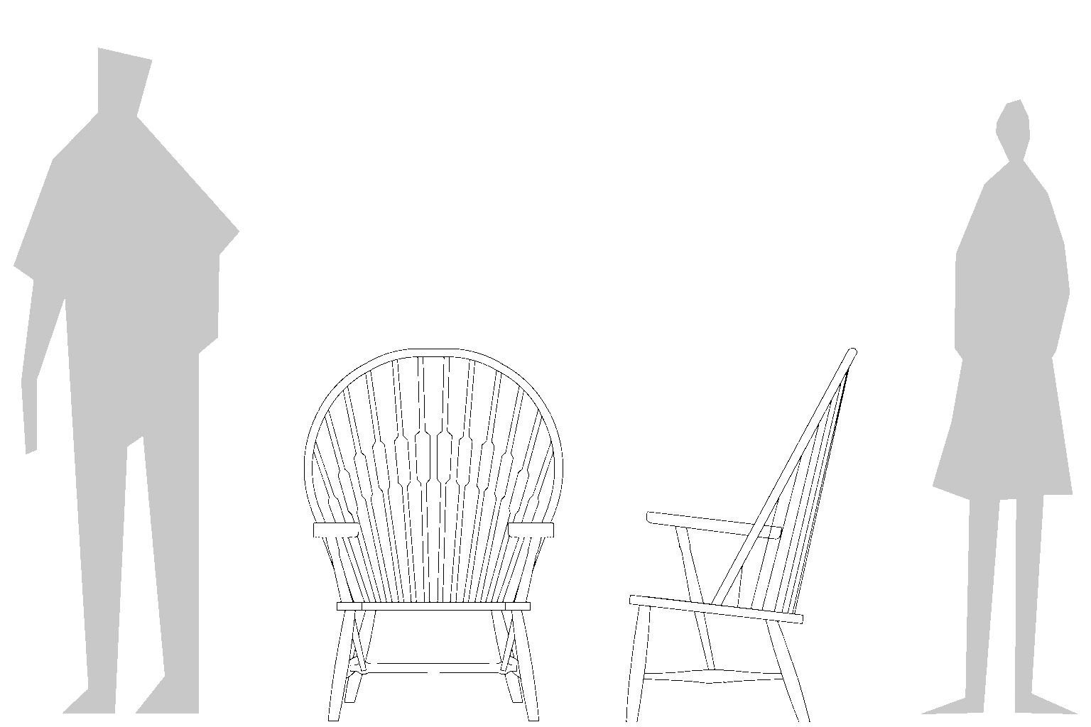 Hans Wegner_Peacock Chair_Replica_Size Guide Two abstract, geometric figures stand facing each other on opposite sides of a blank area, each holding a walking stick. The figures are minimalist with sharp, angular shapes, and cast faint shadows on the ground.