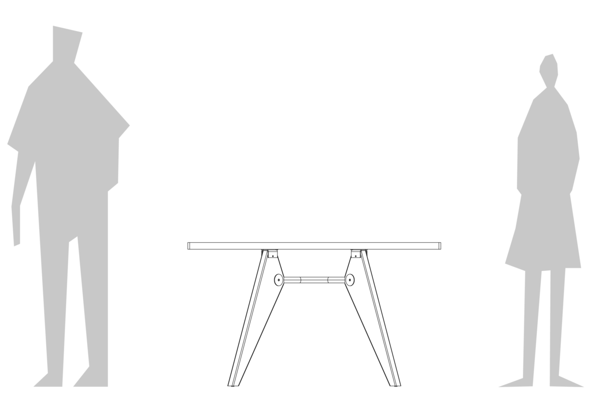 Jean Prouvé_S.A.M No.502 Table_Replica_Size Guide Two abstract, grey silhouettes stand apart facing each other; one on the left is larger with broad shoulders, whilst the one on the right is smaller and slimmer. The background is plain and white.