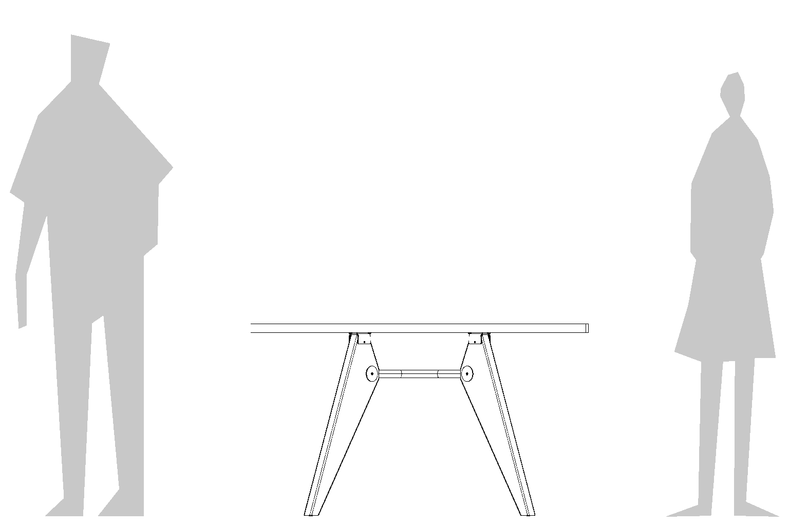 Jean Prouvé_S.A.M No.502 Table_Replica_Size Guide Two abstract, grey silhouettes stand apart facing each other; one on the left is larger with broad shoulders, whilst the one on the right is smaller and slimmer. The background is plain and white.