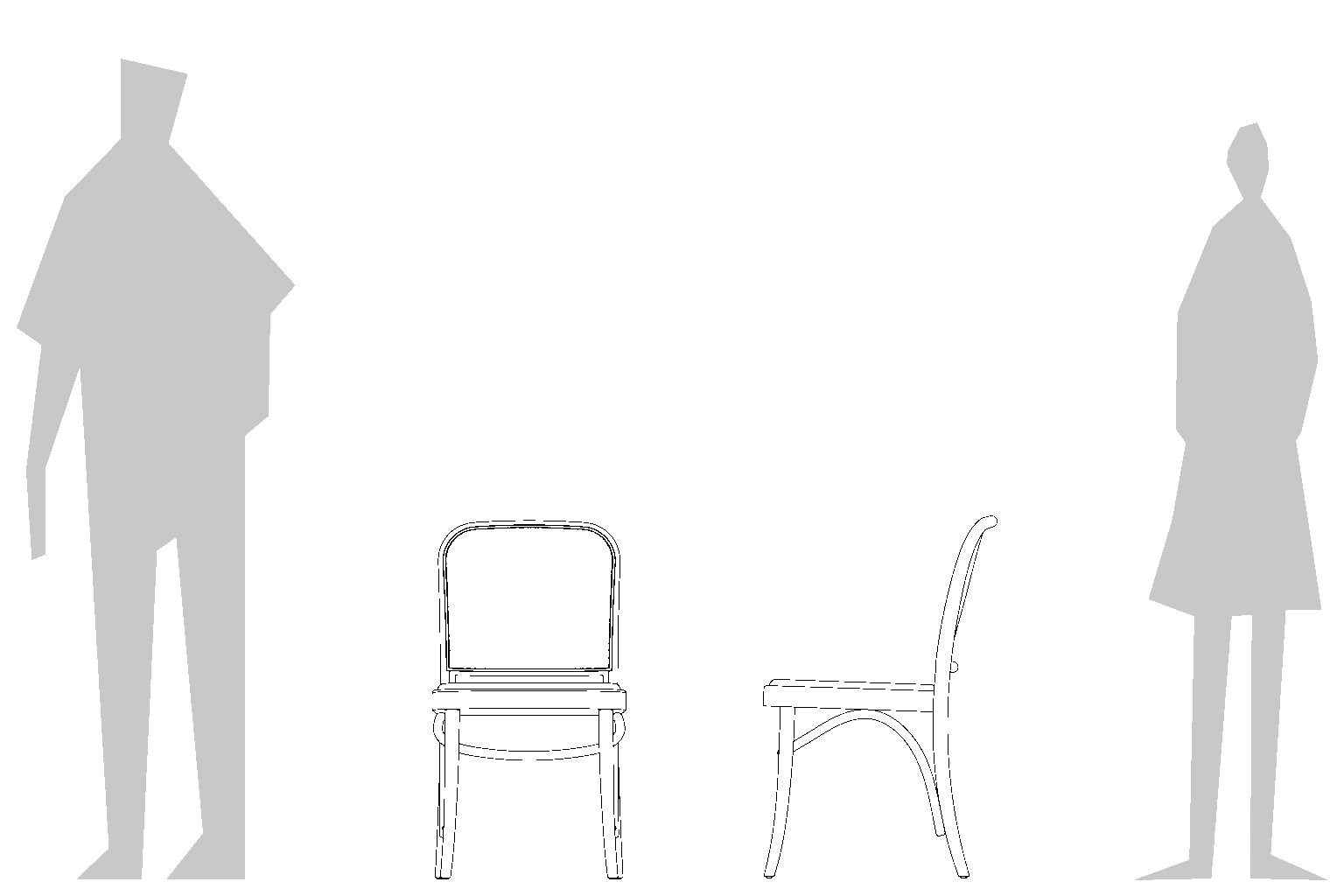 Josef Hoffmann_No811 Chair_Replica_Size Guide Two abstract, geometric silhouettes stand apart facing each other; one appears taller and broader on the left, the other shorter and slimmer on the right, both set against a plain background.