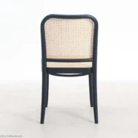 A wooden chair with a black frame and a woven cane backrest and seat, shown from the back, standing on a plain light-coloured floor against a white background.