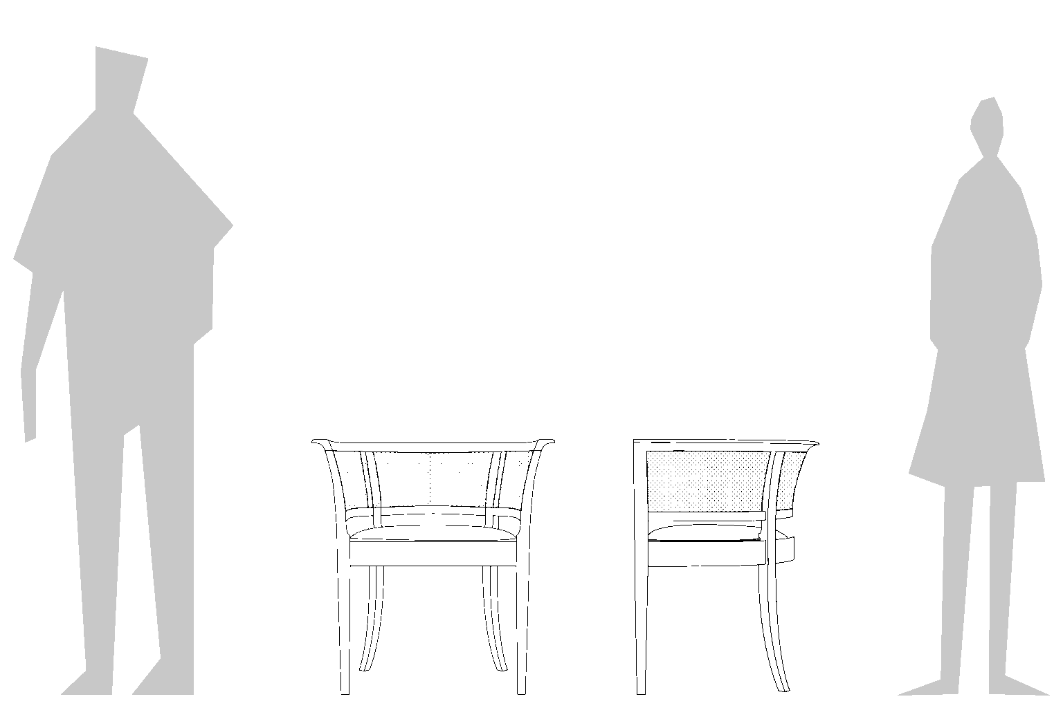 Kaare Klint_Faaborg Chair_Replica_Size Guide Two grey, faceless silhouettes stand apart, facing each other against a plain background. The figure on the left is taller and broader, while the figure on the right is shorter and slimmer.