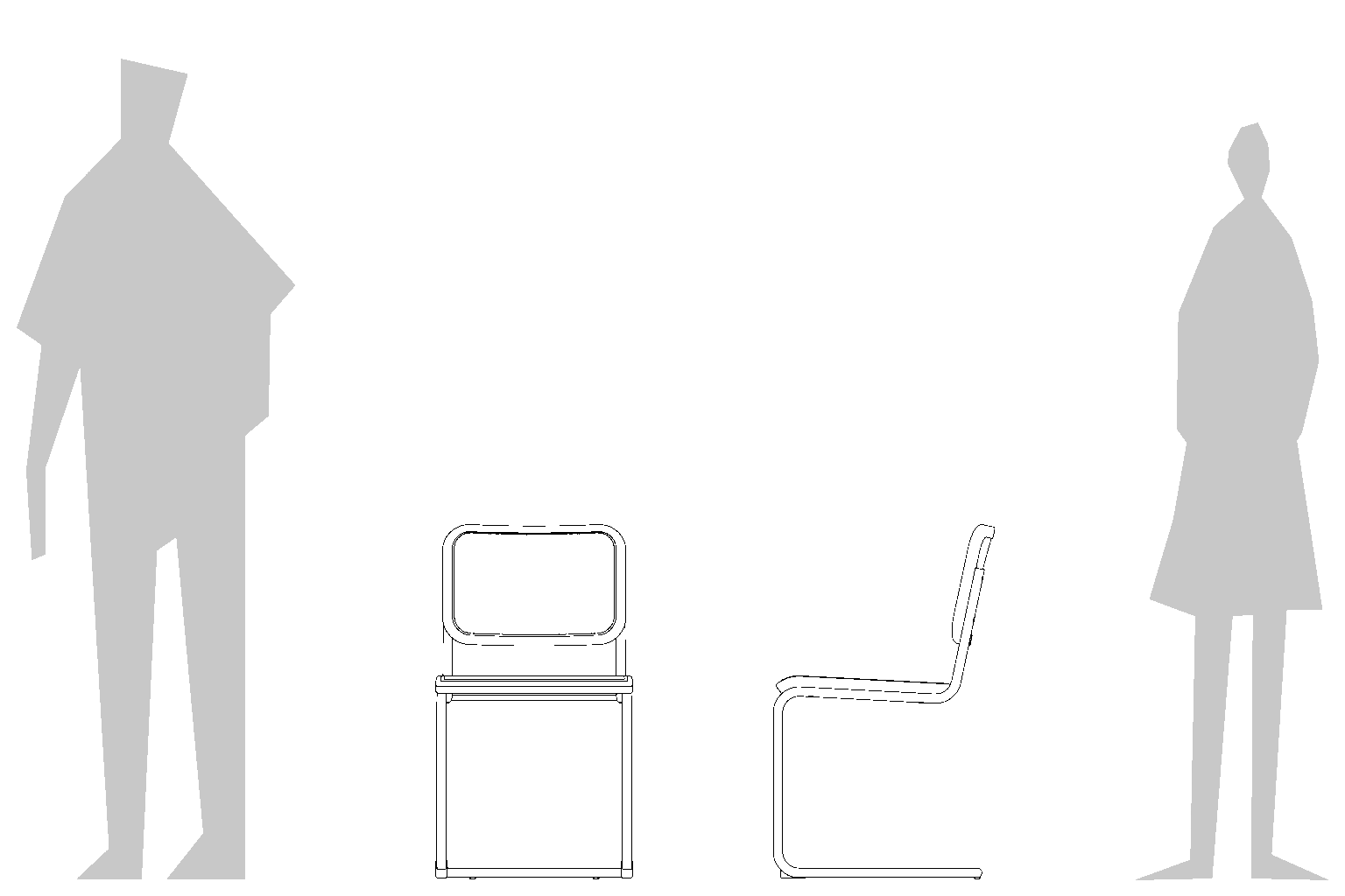 Marcel Breuer_B32 Cesca Chair_Replica_Size Guide Two grey geometric, abstract human figures stand far apart, facing each other, with a large empty space between them on a plain background.