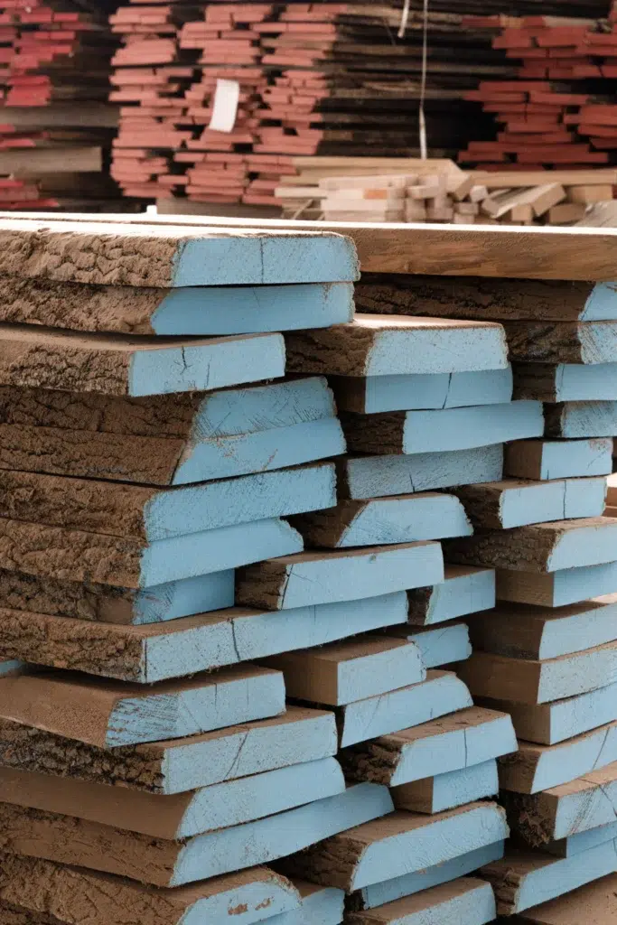 Stacks of rough-cut wooden planks with blue-painted ends are piled in a storage area, with more stacks of timber visible in the background.
