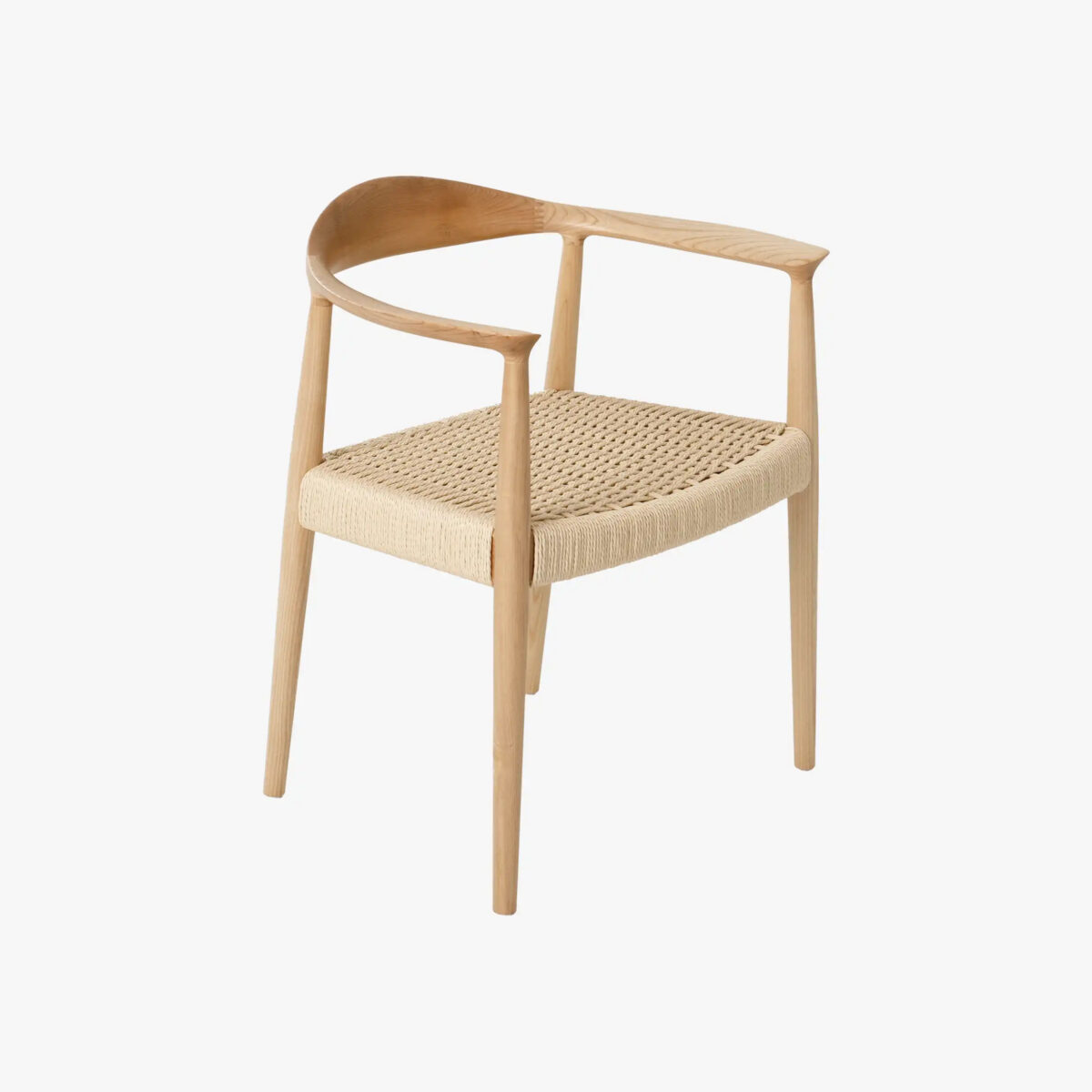 Gray background25 A wooden chair with a curved backrest and woven seat, featuring minimalist Scandinavian design with light-coloured wood and clean lines.