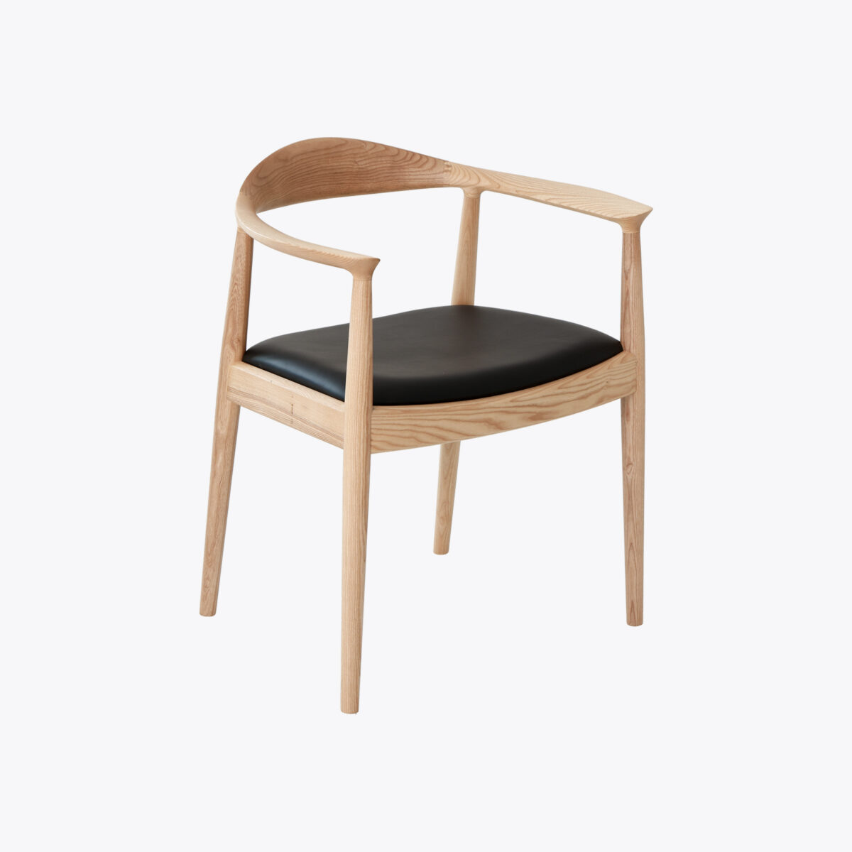 A modern wooden chair with a curved backrest, slender legs, and a black upholstered seat, set against a plain white background.