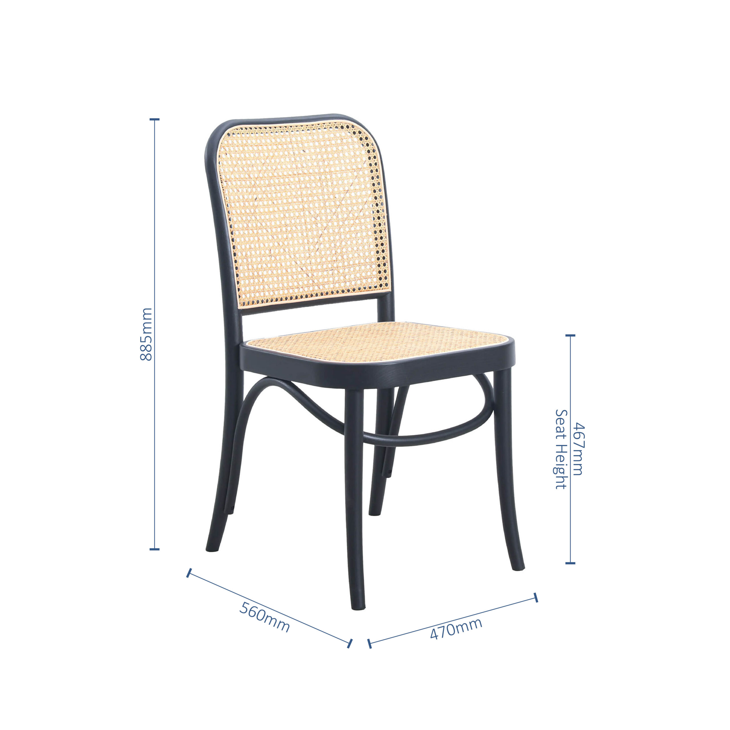 A wooden chair with a woven rattan seat and backrest, black frame, and dimensions labelled: 885mm high, 560mm deep, 470mm wide, and a seat height of 467mm.