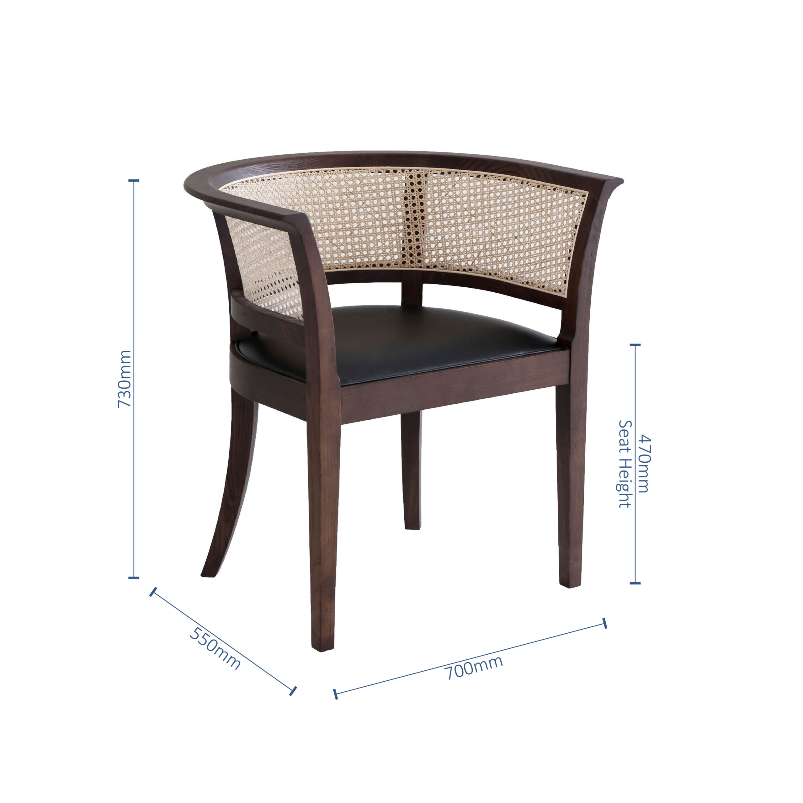 A wooden chair with a curved cane backrest, dark cushioned seat, and angled legs. Dimensions shown: 730mm tall, 700mm wide, 550mm deep, and 470mm seat height.