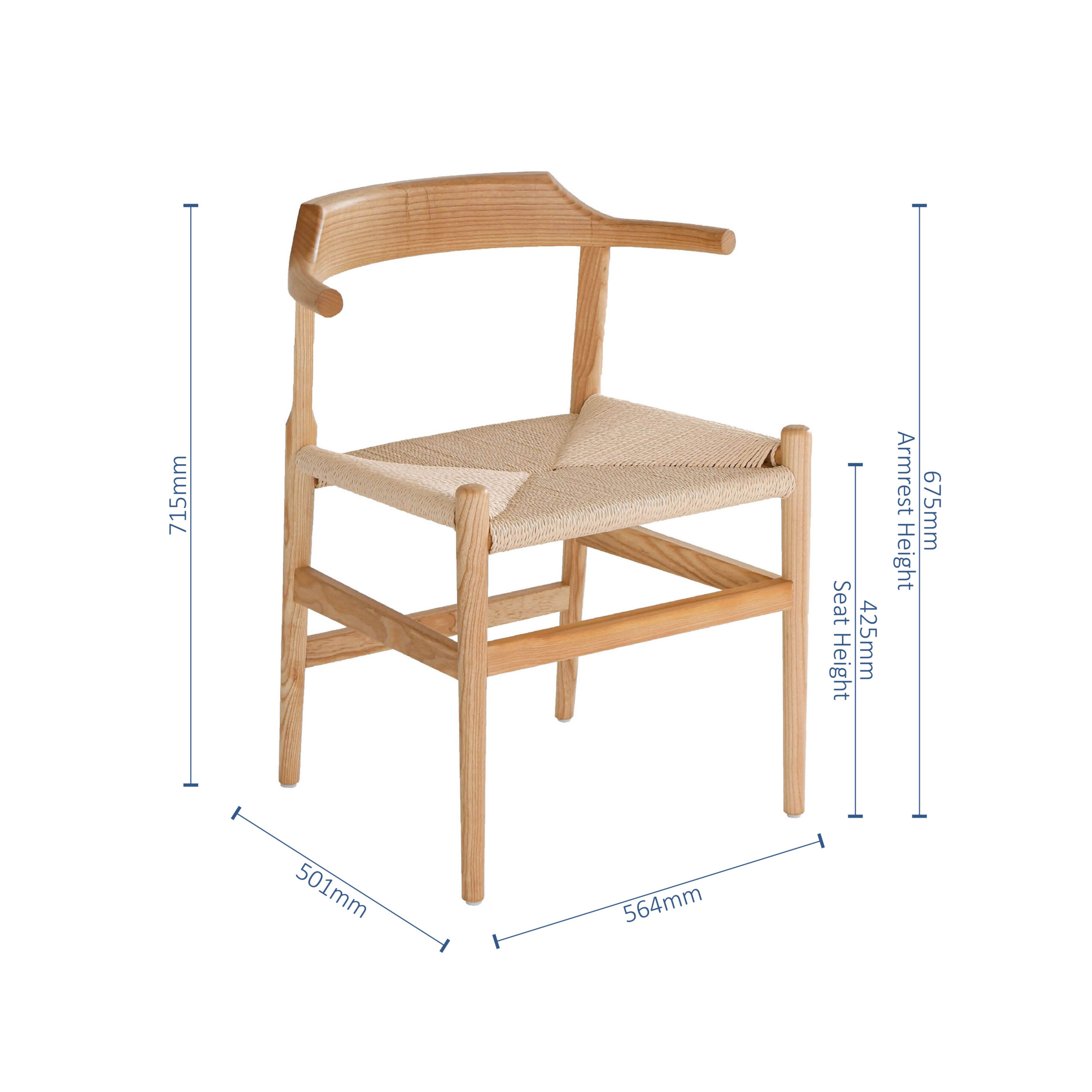 A wooden chair with a woven seat and curved backrest is shown with measurements: height 715mm, width 501mm, depth 564mm, armrest height 675mm, and seat height 445mm.