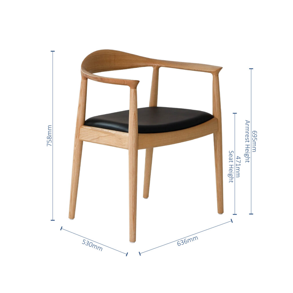 A wooden chair with a curved backrest, black cushioned seat, and angled legs. Dimensions: 798mm height, 530mm depth, 636mm width, armrest height 655mm, seat height 471mm.