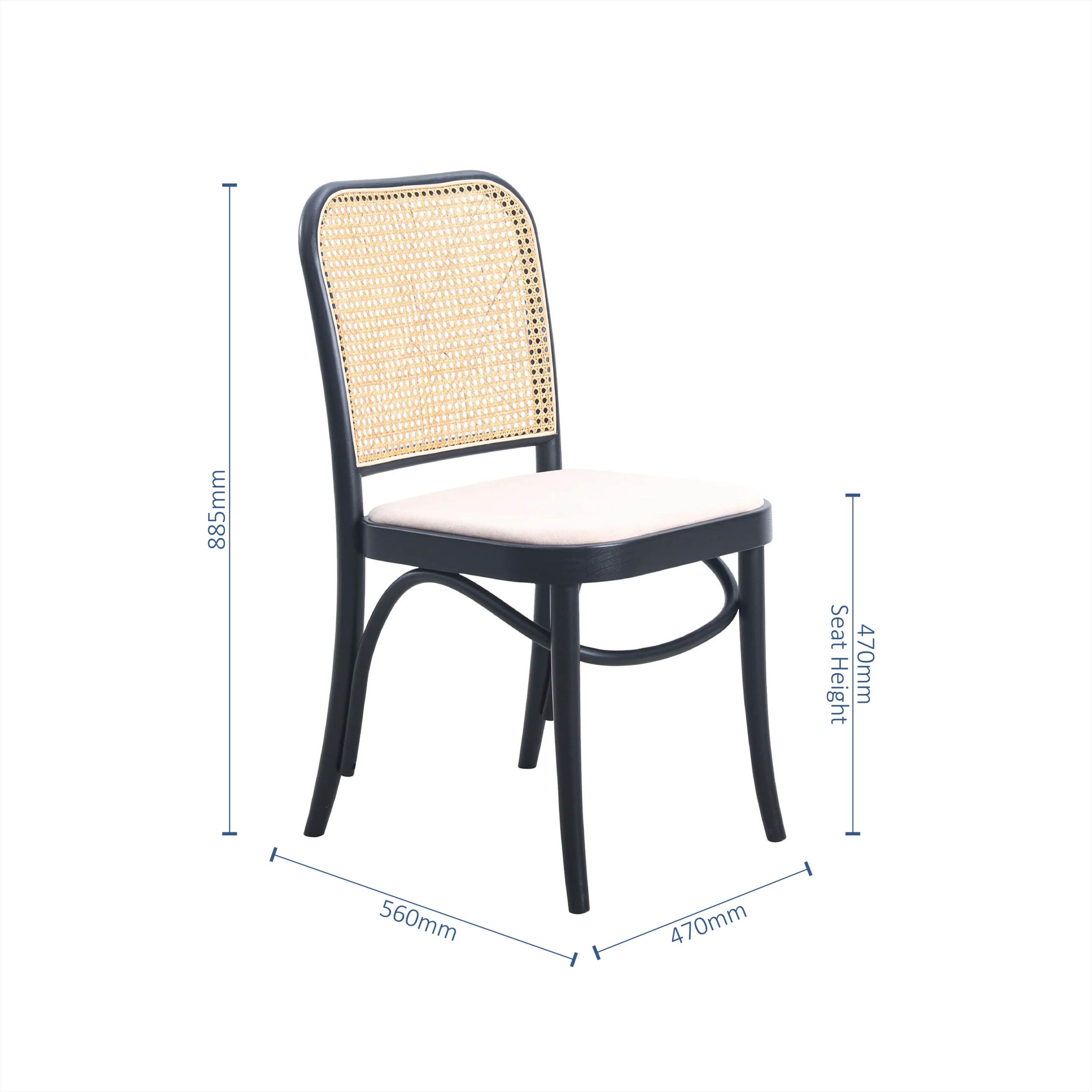 A black wooden chair with a rattan backrest and a light-coloured cushioned seat. Dimensions are shown: height 885mm, seat height 470mm, width 470mm, and depth 560mm. The chair is set against a white background.