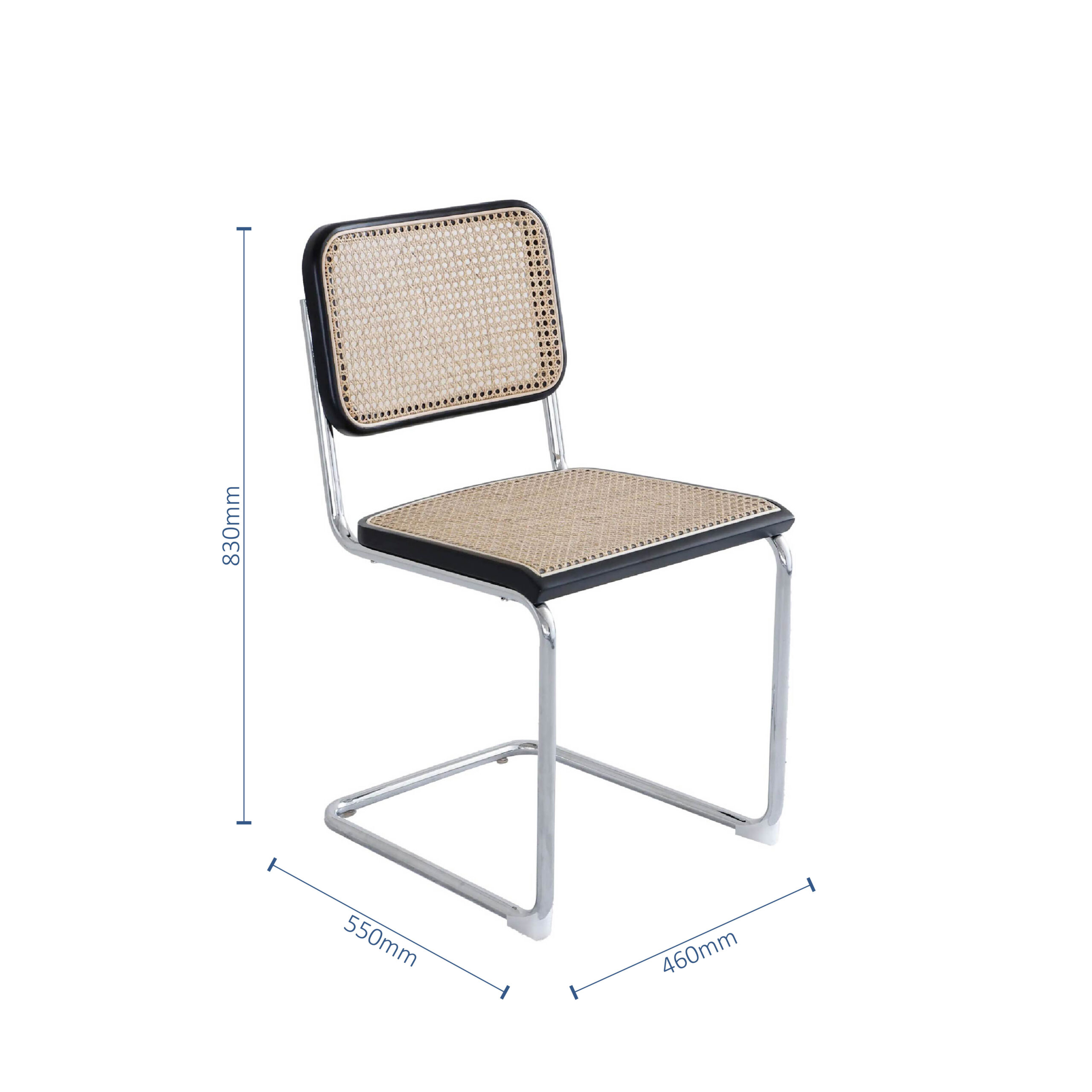 A modern chair with a chrome cantilever frame, woven cane seat and backrest, and black edging. Dimensions are 830mm tall, 550mm deep, and 460mm wide, displayed with blue measurement lines.