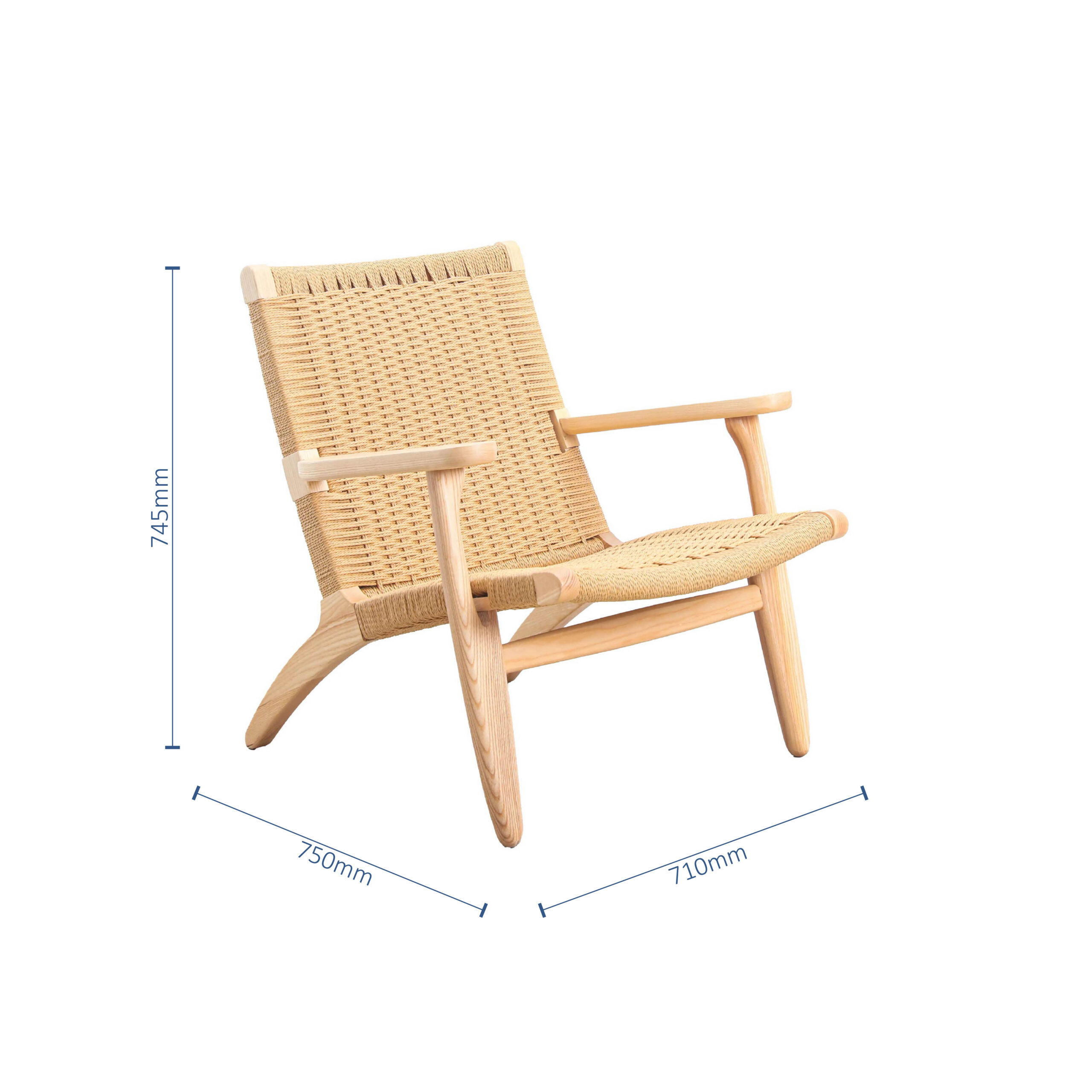 A light wood lounge chair with woven rattan seat and backrest. Dimensions are labelled: 715mm height, 750mm depth, and 710mm width. The chair has armrests and angled legs.