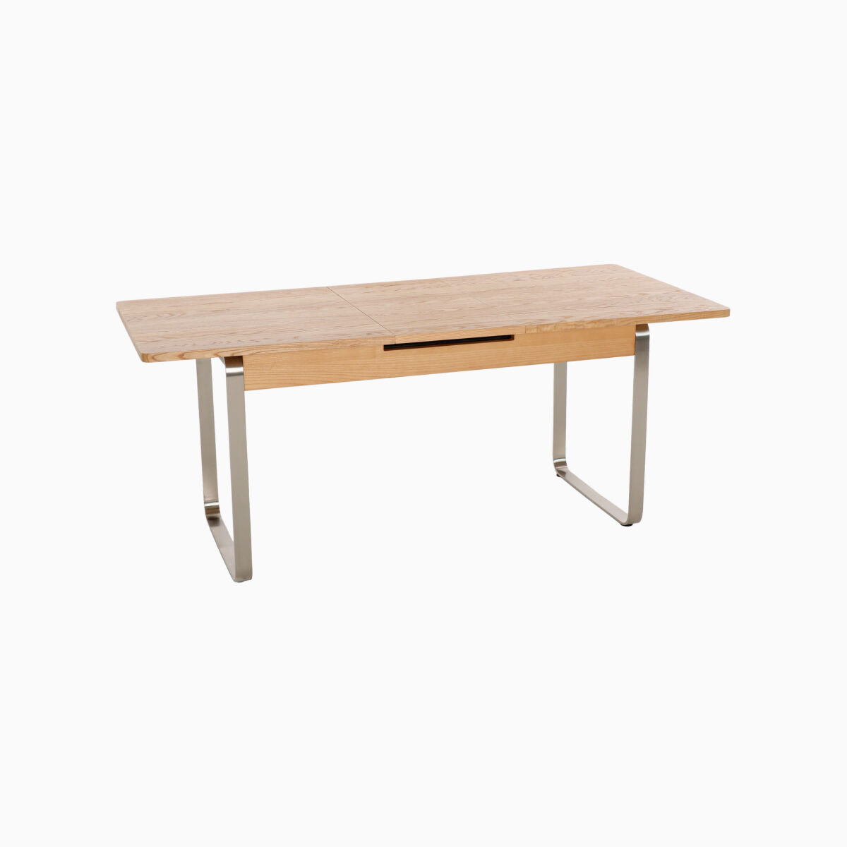 A rectangular wooden table with a light finish, featuring sleek metal sled legs and a minimalist design, set against a plain white background.
