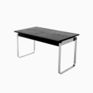 A modern rectangular table with a dark wood top and sleek metal sled legs, photographed on a white background.