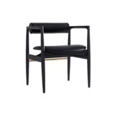 A modern black chair with a tubular backrest, slender angled legs, and a curved seat cushion, all with a sleek minimalist design against a white background.