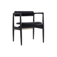 A modern black chair with a tubular backrest, slender angled legs, and a curved seat cushion, all with a sleek minimalist design against a white background.