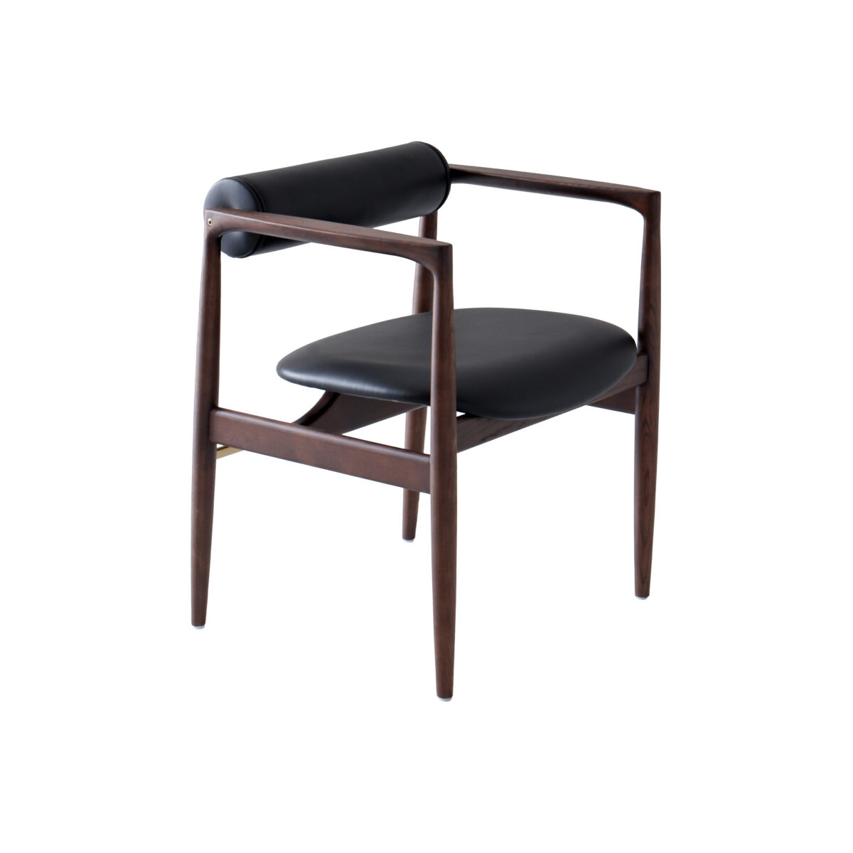 Black Frame + White Seat_White Background A modern chair with a dark wooden frame, black cushioned seat, and a cylindrical black cushioned backrest, shown against a white background.