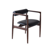 A modern chair with a dark wooden frame, black cushioned seat, and a cylindrical black cushioned backrest, shown against a white background.