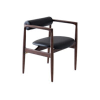 A modern chair with a dark wooden frame, black cushioned seat, and a cylindrical black cushioned backrest, shown against a white background.