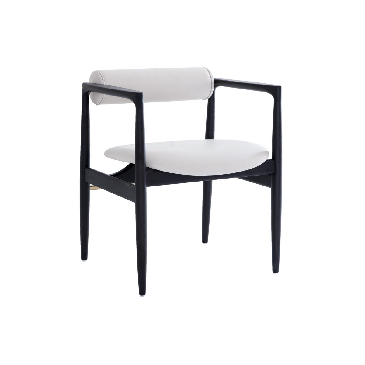 Black Frame + White Seat_White Background A modern chair with a black wooden frame, white cushioned seat, and a cylindrical white cushioned backrest, photographed on a white background.