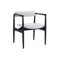 A modern chair with a black wooden frame, white cushioned seat, and a cylindrical white cushioned backrest, photographed on a white background.